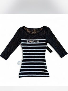 NWT Vintage DeadStock Y2K Bebe Swarovski Crystal Stripe Lace Long Sleeve Top XS